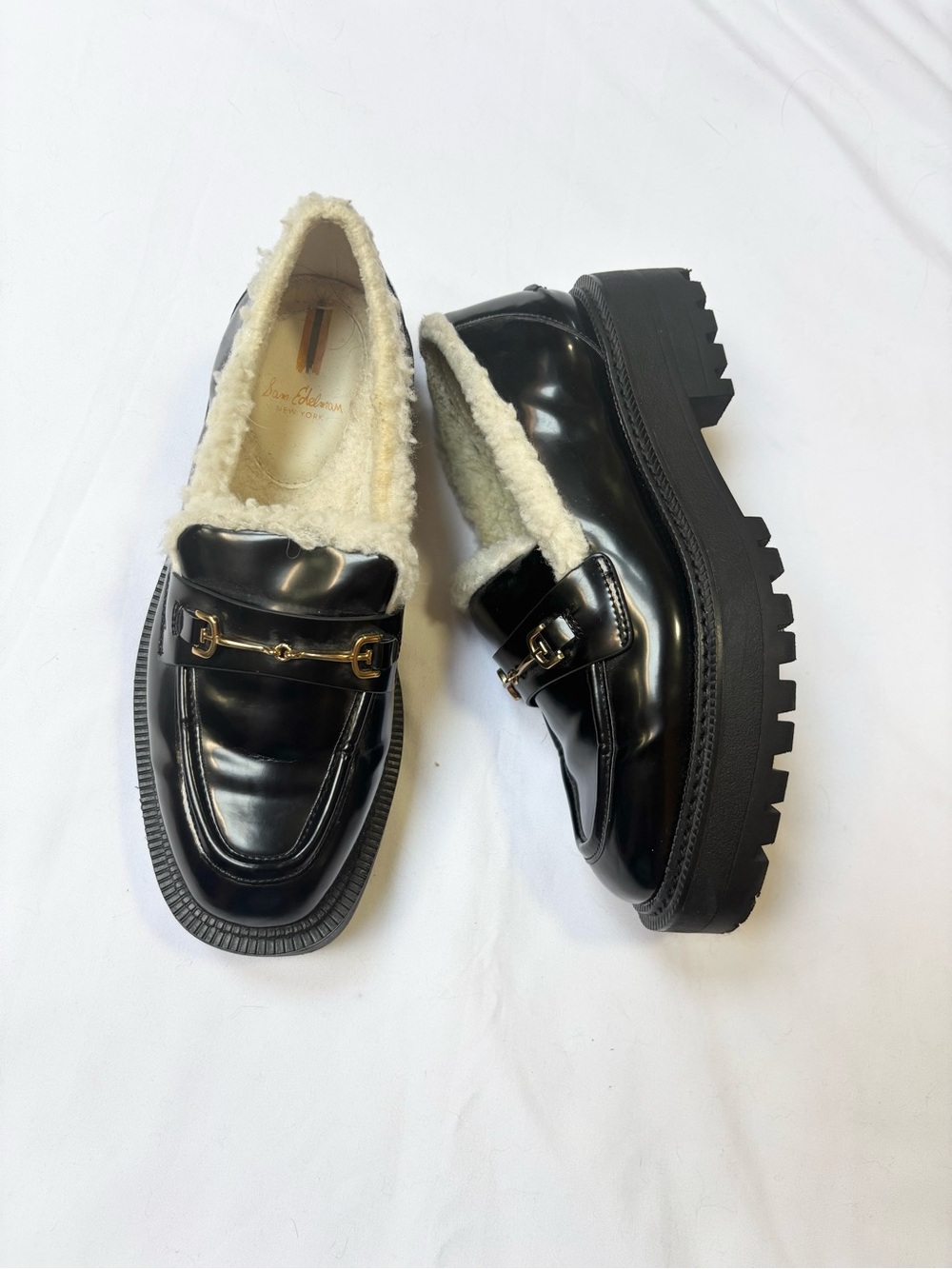 Sam Edelman Black Leather Laurs chunky Loafers with Faux-Shearling lining 6.5